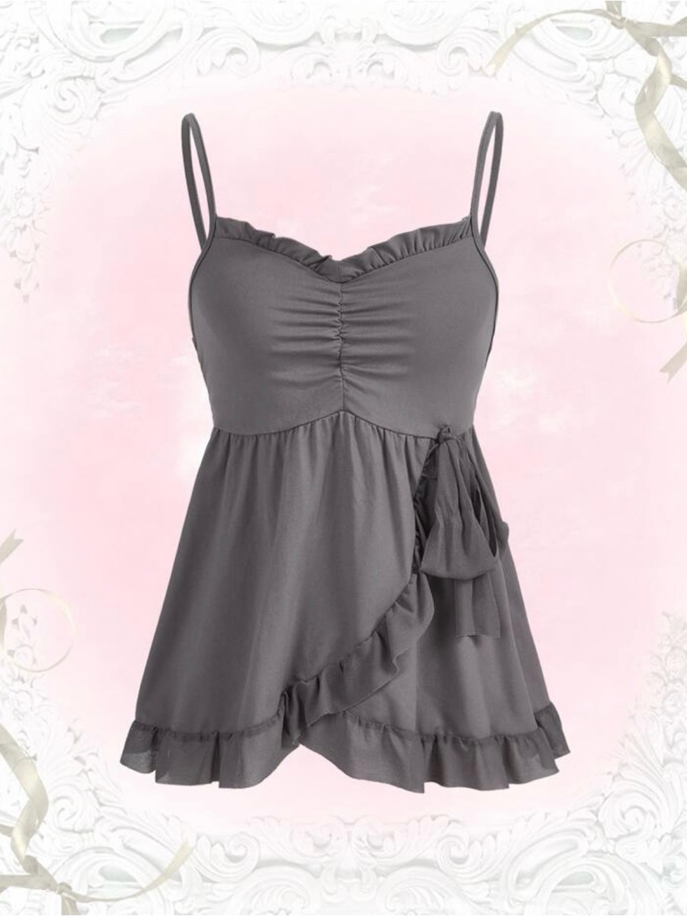 🆓 FREE: $12+ purchase | Romwe Grey Babydoll Ruffle Wrap Ribbon Cami Tank Top